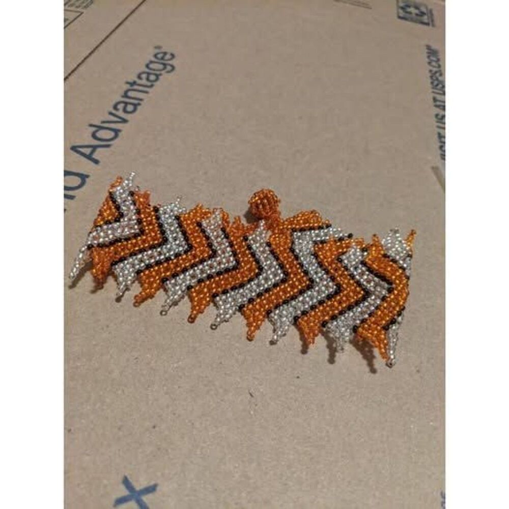 Handmade Seed Bead Chevron Cuff Bracelet Boho Orange Silver Black